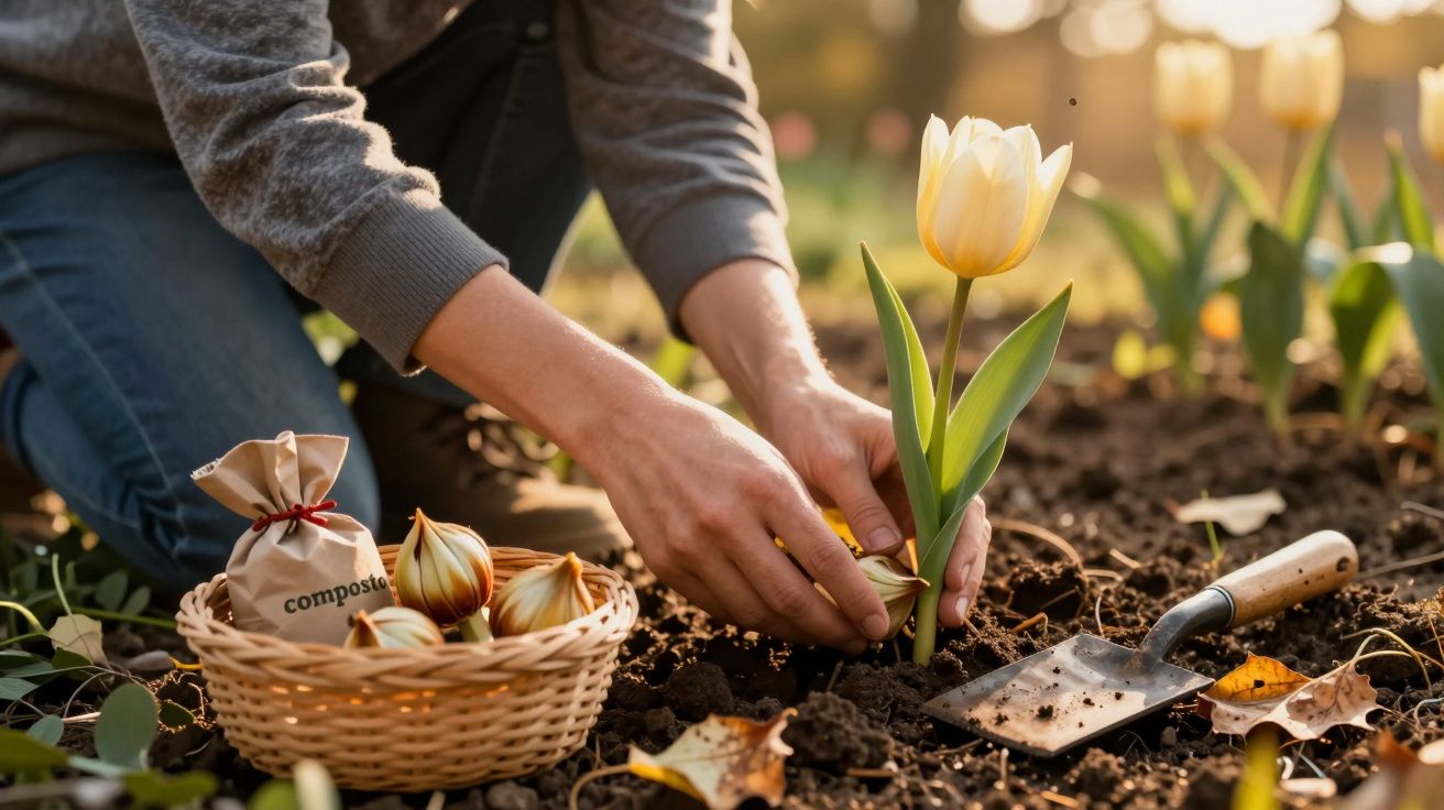 Pessoa planta uma tulipa num jardim, com bulbos e pá ao lado.