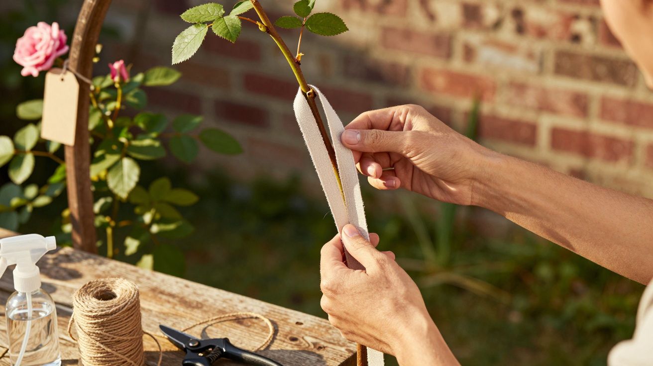 Pessoa a prender caule de rosa com fita numa mesa de jardim com tesoura, corda e borrifador.