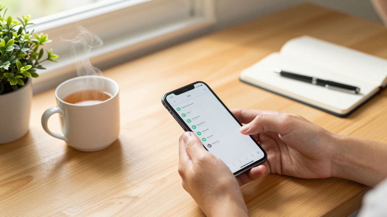 Pessoa usando smartphone, com chá fumegante e caderno aberto sobre a mesa de madeira junto a uma janela.