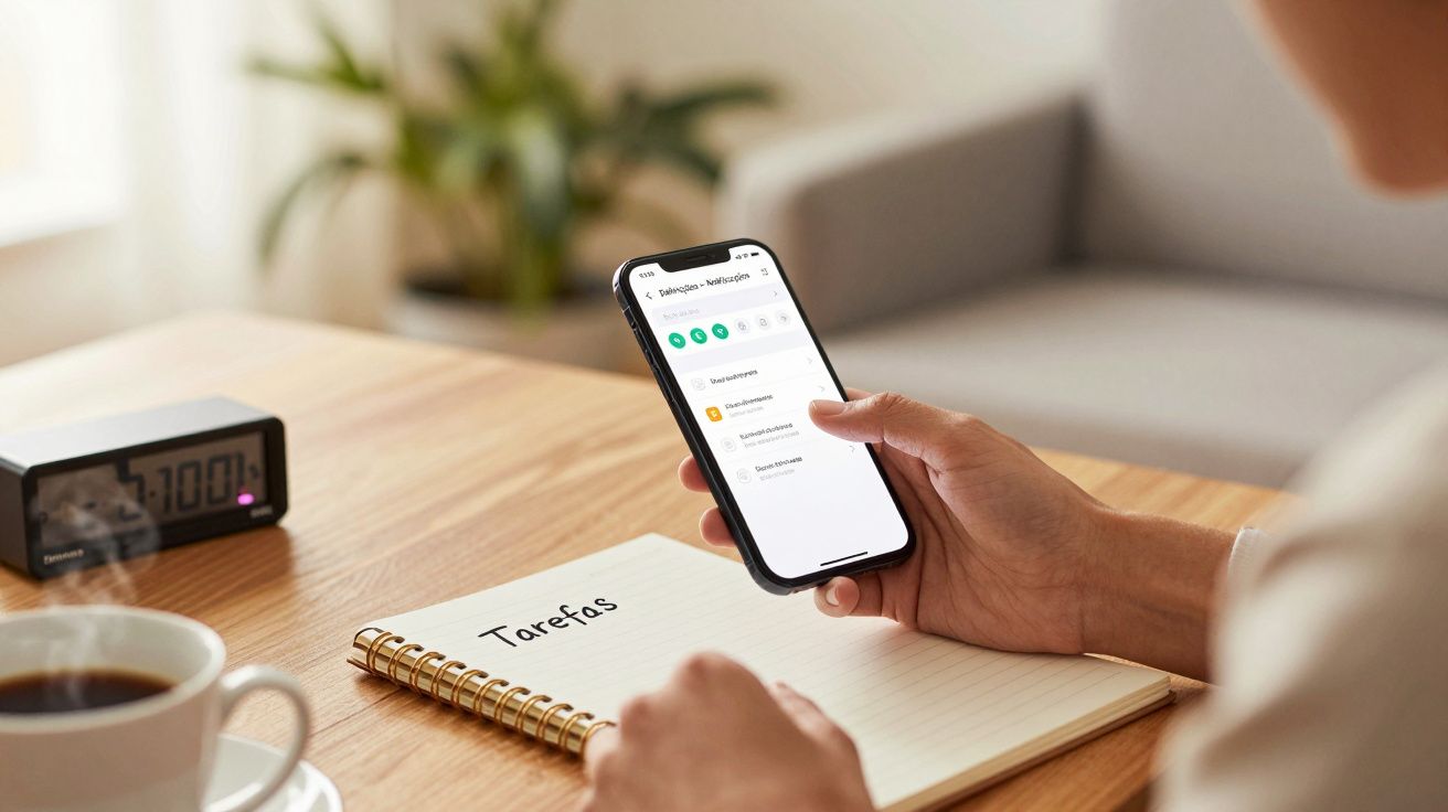 Pessoa segura um telemóvel junto a um caderno com a inscrição "Tarefas", num ambiente de escritório com chávena e relógio.