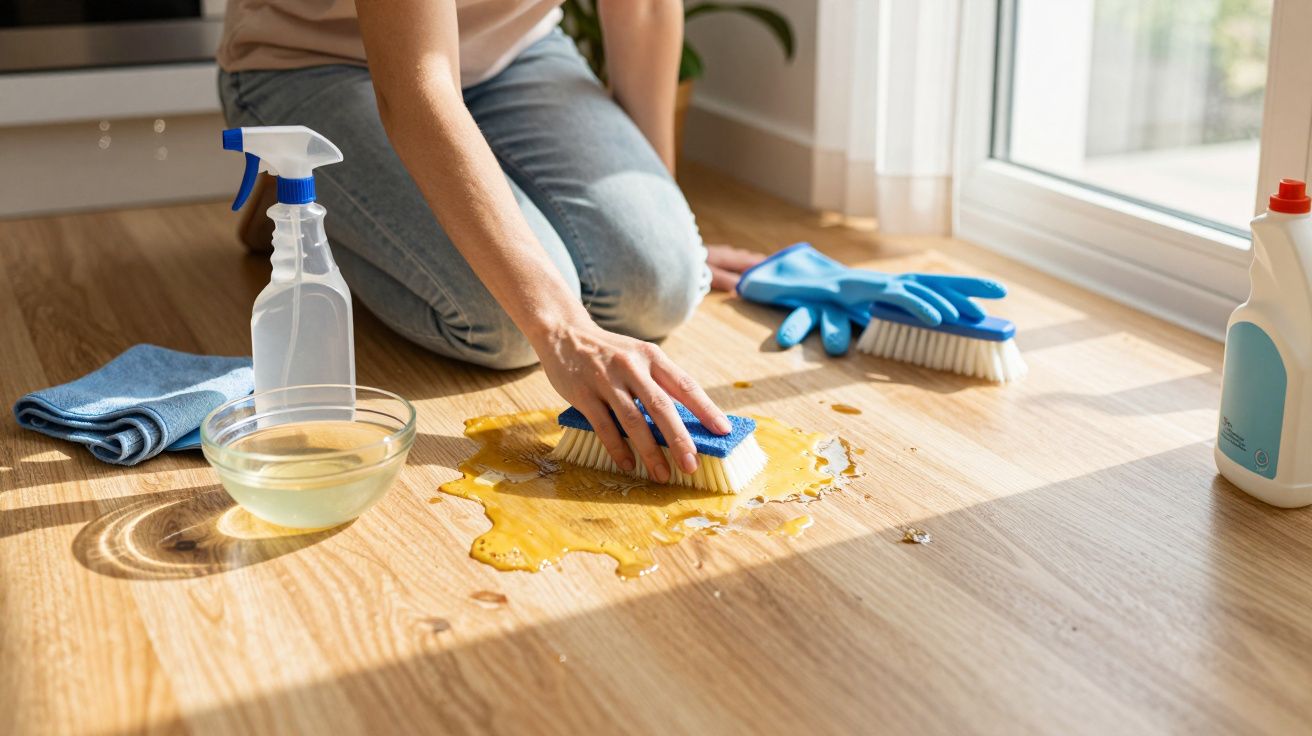 Pessoa a limpar piso de madeira com escova e produtos após derramamento de líquido amarelo.