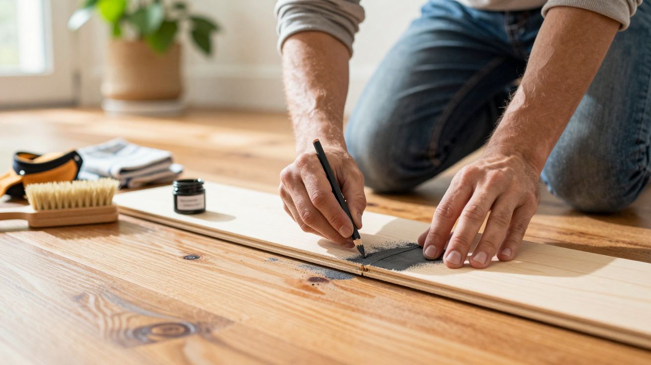 Pessoa a restaurar piso de madeira, usando lápis e tinta para preencher rachas. Ferramentas ao lado.