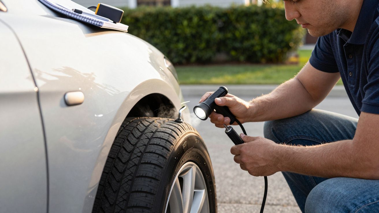 Homem inspeciona pneu de carro prateado com lanterna, ao lado de um bloco de anotações no capô.