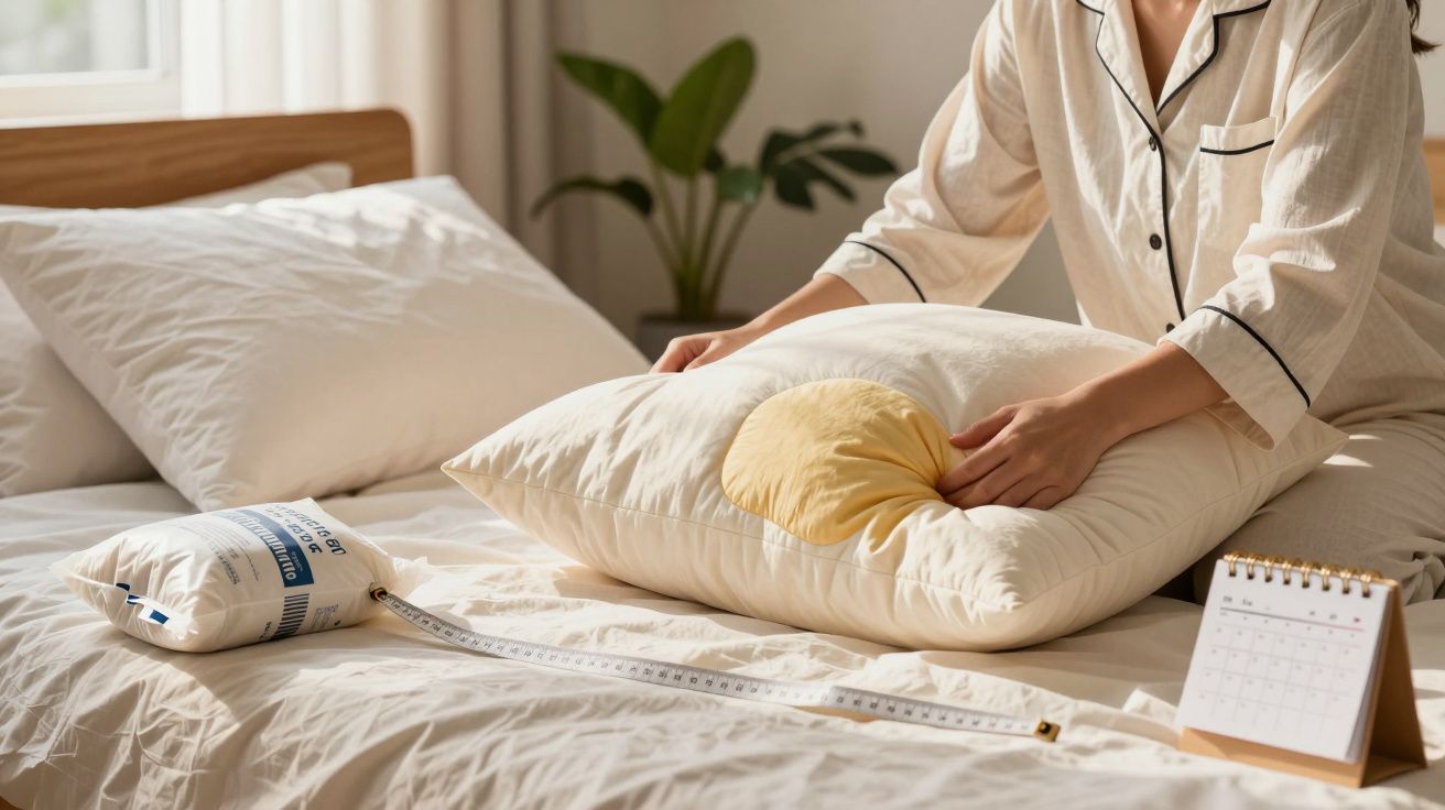 Pessoa em pijama organiza almofadas numa cama, com fita métrica e calendário ao lado.