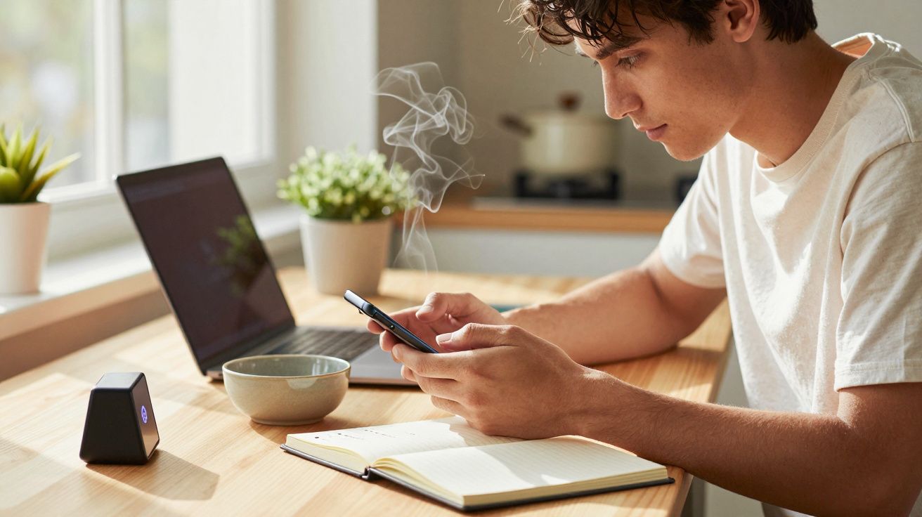 Jovem sentado à mesa, usando telemóvel, com portátil, caderno, chávena e planta ao fundo.