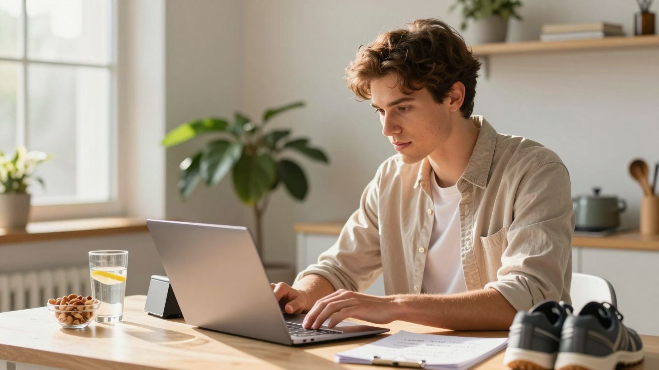 Homem concentrado usando portátil numa mesa, com copo de água e caderno, plantas e luz natural ao fundo.