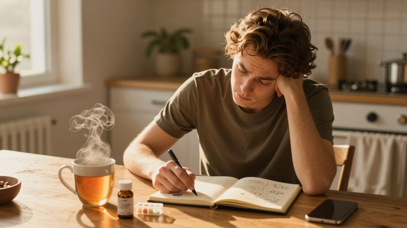 Jovem sentado à mesa estudando com chá quente e medicamentos ao lado, em uma cozinha iluminada pelo sol.
