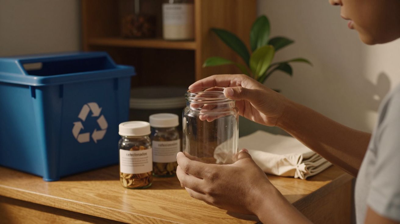 Pessoa segura frasco de vidro vazio, com contentor de reciclagem azul e frascos no fundo.