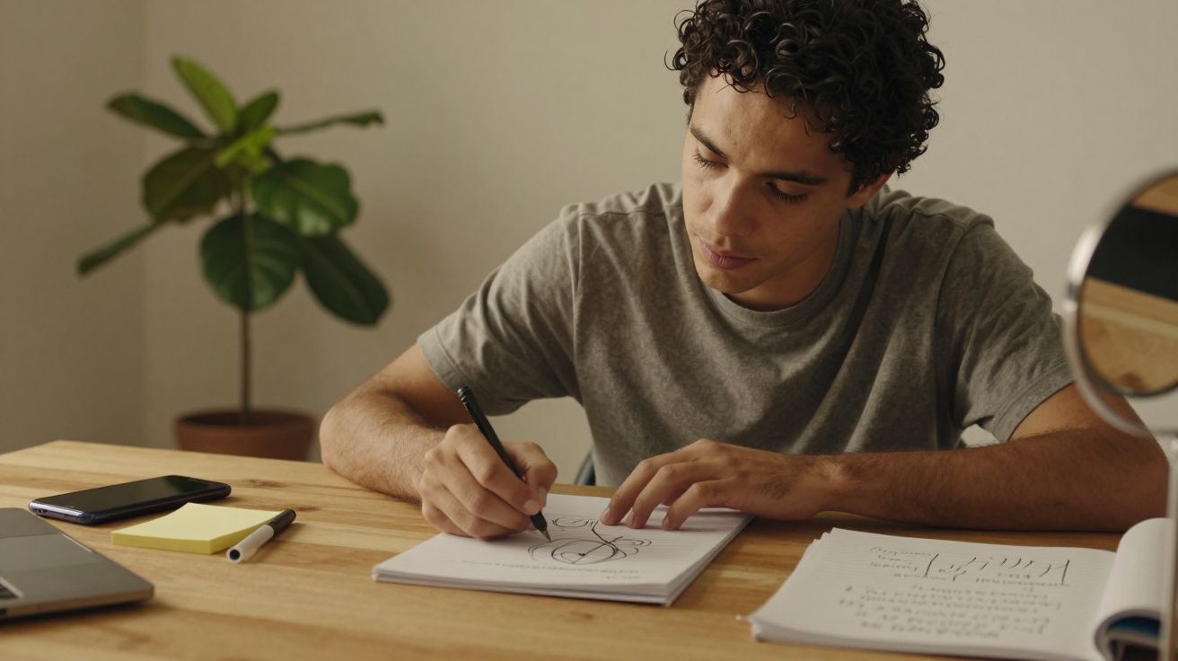Homem jovem desenha em caderno, sentado à mesa de madeira, com planta ao fundo.