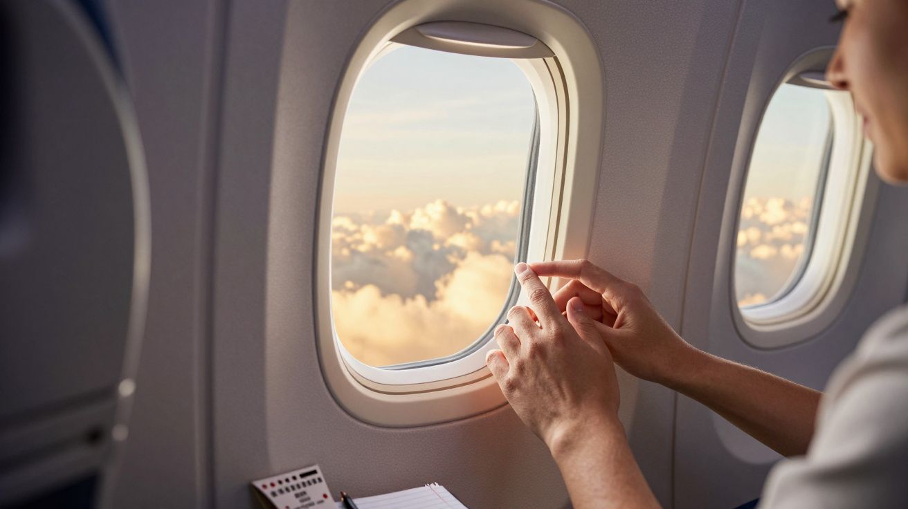 Pessoa tirando foto de nuvens pela janela de avião durante o voo.