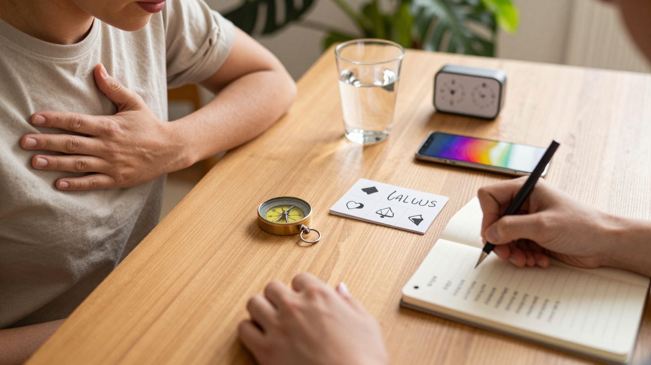 Pessoa escreve em bloco de notas numa mesa com bússola, copo de água e telefone. Outra pessoa toca o peito com a mão.