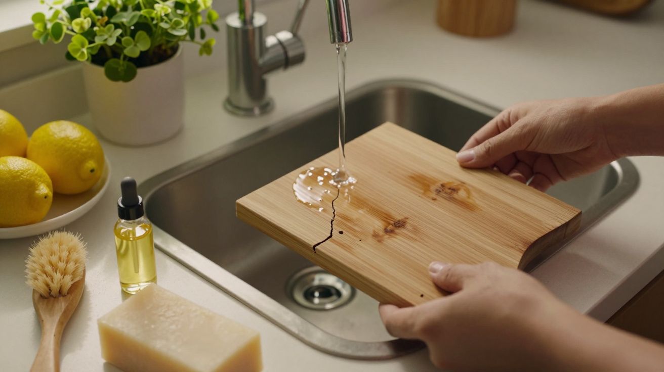 Mãos seguram tábua de madeira rachada sob torneira, ao lado de limões, sabonete e escova na cozinha.