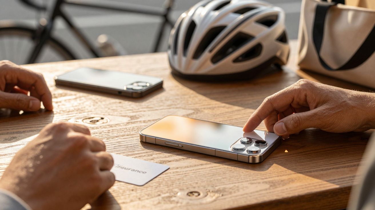 Duas pessoas numa mesa de madeira com dois smartphones e um capacete de bicicleta.