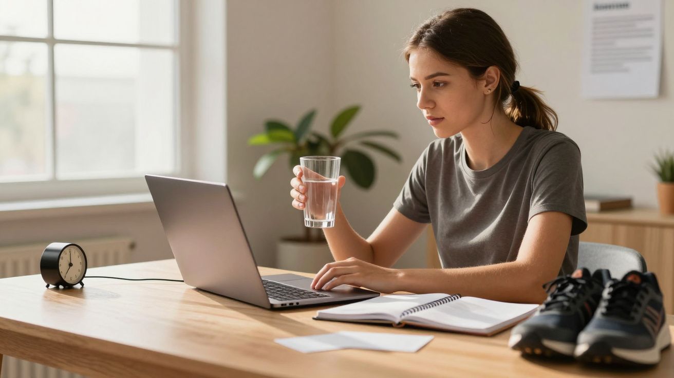 Mulher a trabalhar num portátil numa mesa com copo de água, caderno e ténis.