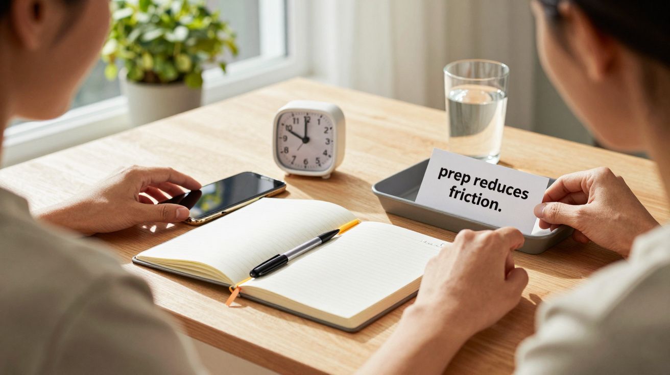 Duas pessoas numa mesa com bloco de notas aberto, telefone, copo d'água, relógio e nota com texto "prep reduces friction".
