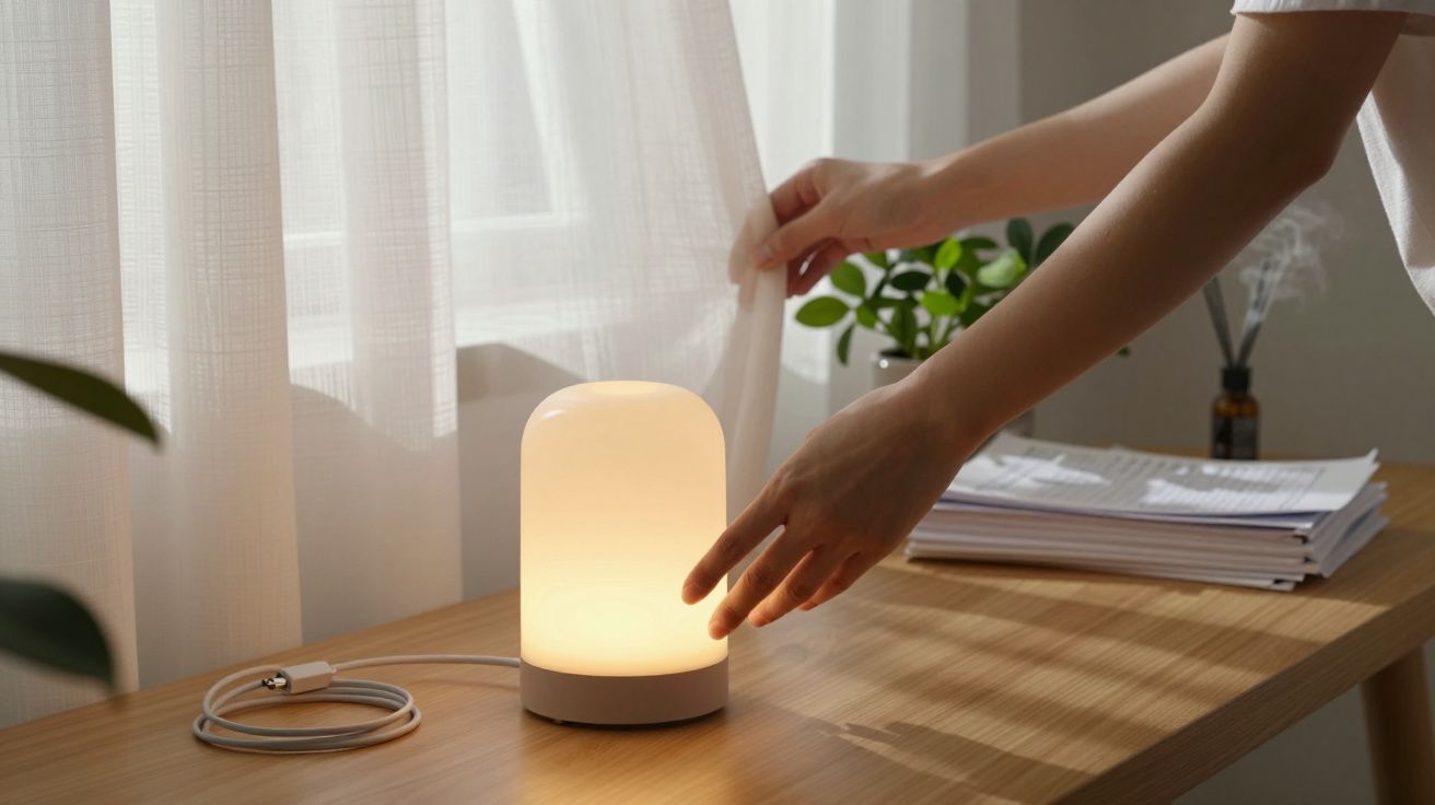 Mãos ajustam cortina perto de uma lâmpada de mesa acesa, sobre uma secretária de madeira com papéis empilhados e uma planta.