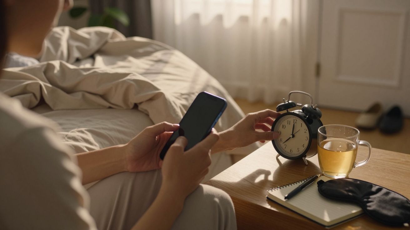 Pessoa ao lado de uma cama com telemóvel, despertador, chávena de chá, bloco de notas e máscara de dormir.