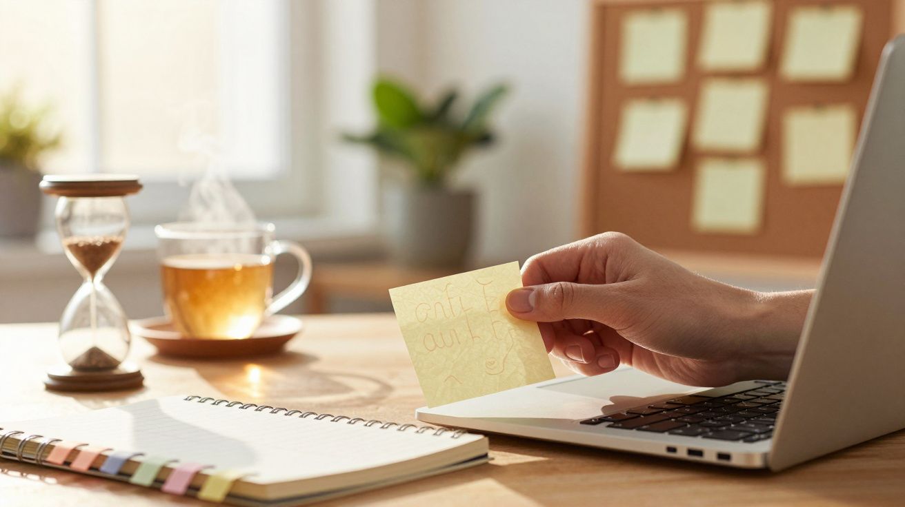 Pessoa segura um post-it junto a um portátil sobre uma mesa com chávena de chá e ampulheta.