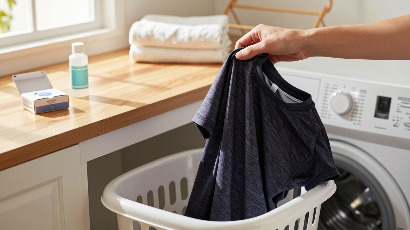 Pessoa coloca t-shirt preta num cesto de roupa na lavandaria, com máquina de lavar ao fundo e toalhas dobradas em cima.