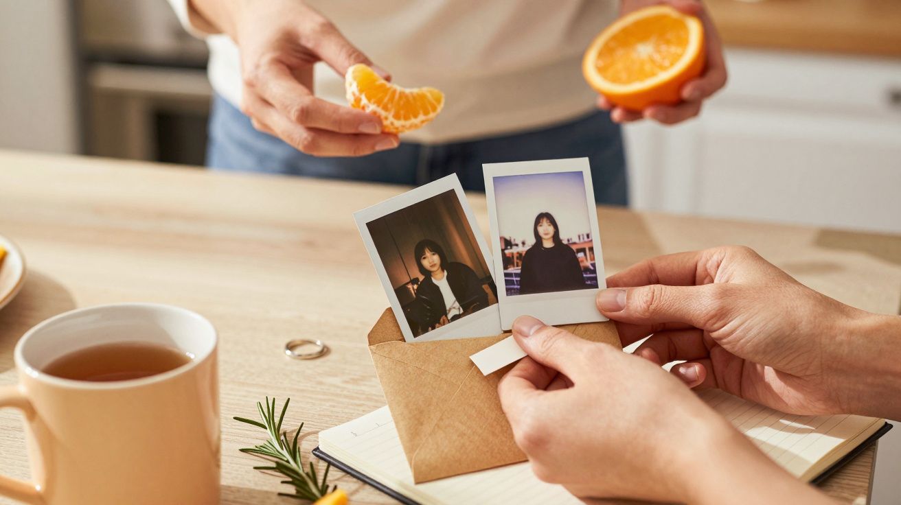 Duas fotografias instantâneas numa mesa de madeira, próximo a uma chávena de chá, caderno e fatias de laranja.
