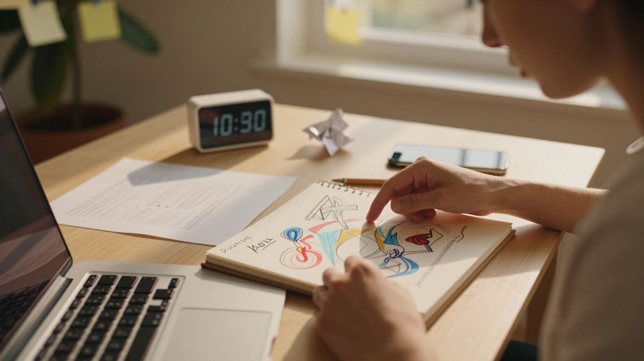 Pessoa desenha à mão num caderno sobre uma mesa com portátil, relógio digital, papel e telemóvel.