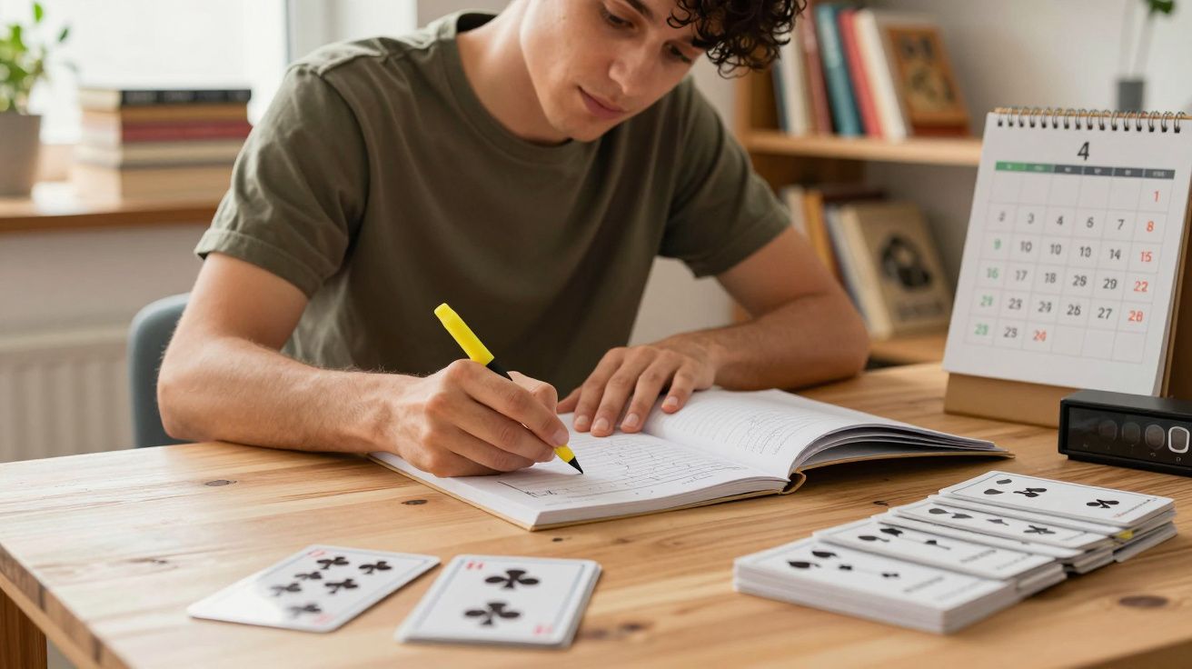 Jovem a estudar num escritório com cartas de jogar, bloco de notas e calendário sobre a mesa de madeira.
