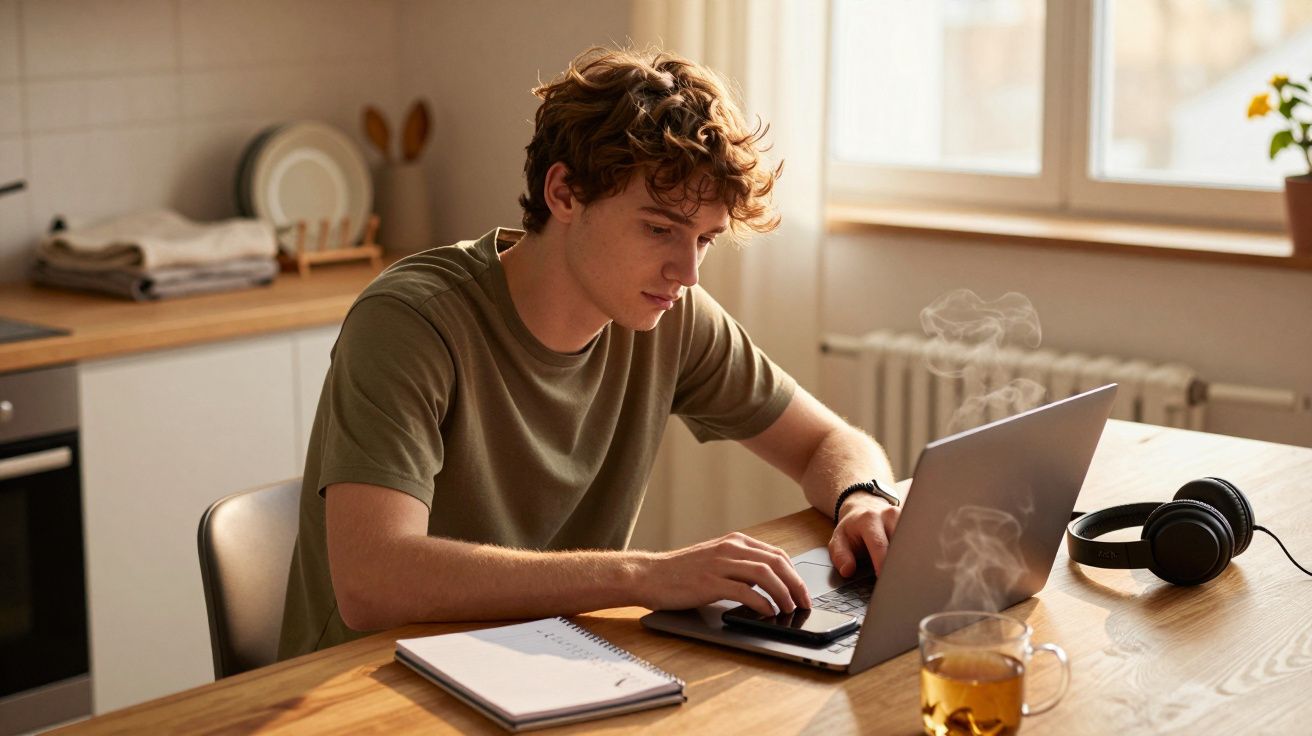 Jovem de cabelo castanho trabalha num portátil na cozinha, ao lado de um caderno, chá e auscultadores.