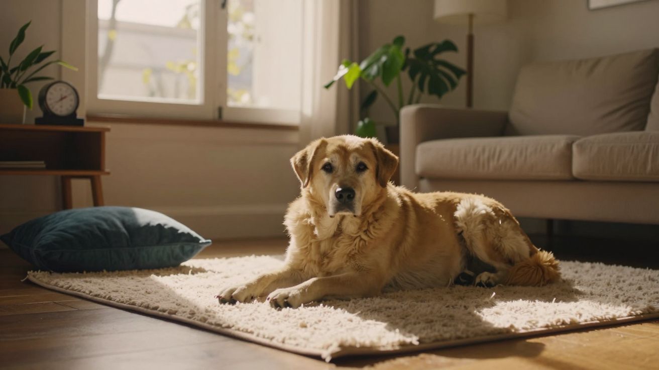 Cão deitado num tapete numa sala iluminada, com sofá e plantas ao fundo.