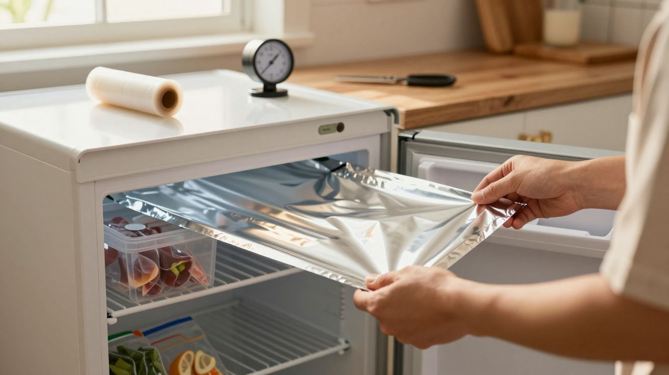Pessoa colocando folha de alumínio num pequeno frigorífico com alimentos organizados numa cozinha iluminada.