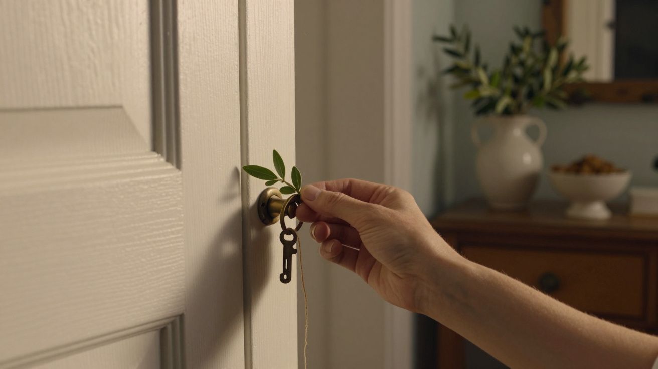 Mão segurando uma chave antiga com ramo de oliveira inserida numa fechadura, fundo com jarra e móvel de madeira.