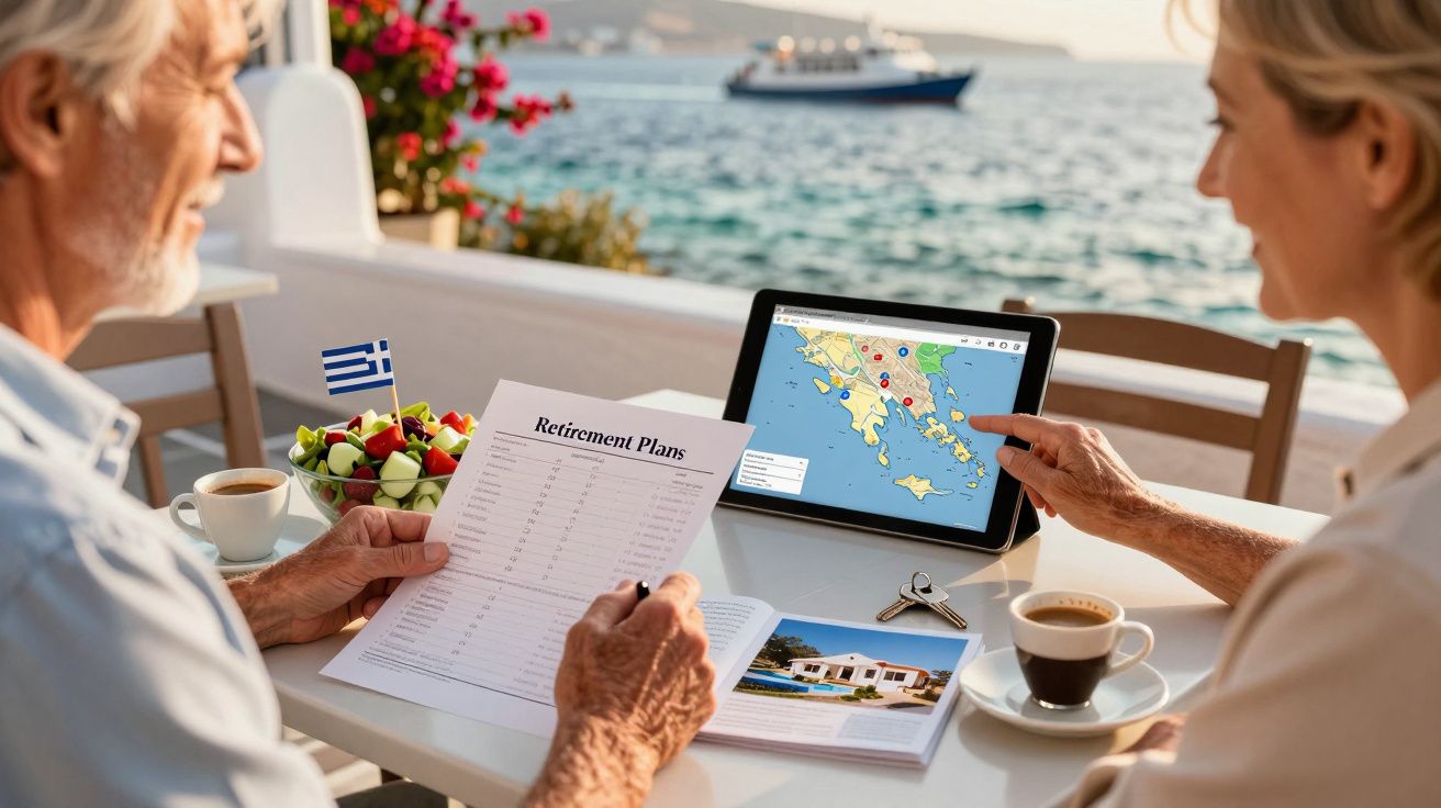 Casal a planear reforma num café à beira-mar, com mapa digital da Grécia aberto num tablet.