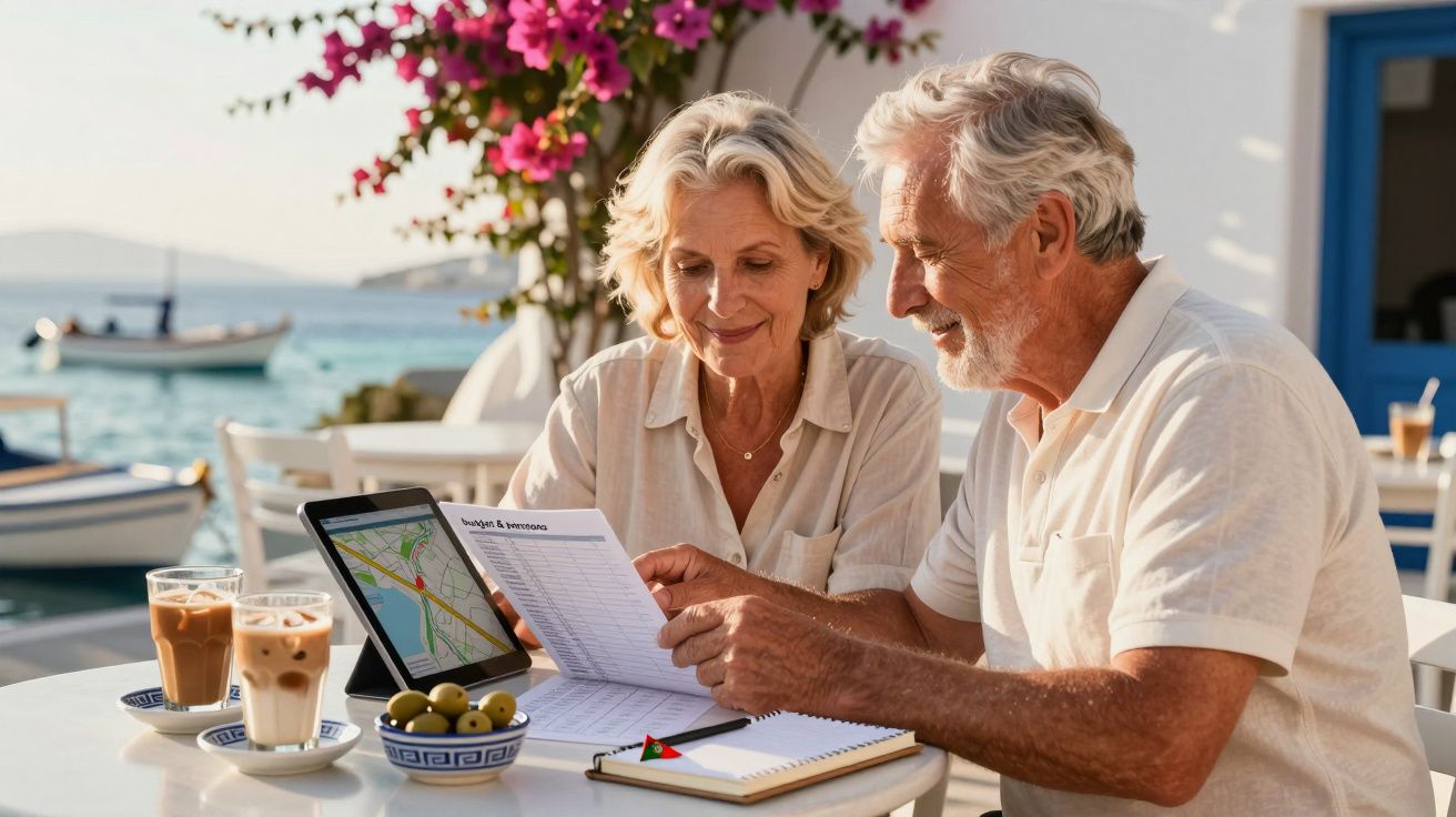 Casal idoso, sentados ao ar livre, consulta mapa e documento. Bebidas e azeitonas na mesa, barco e mar ao fundo.
