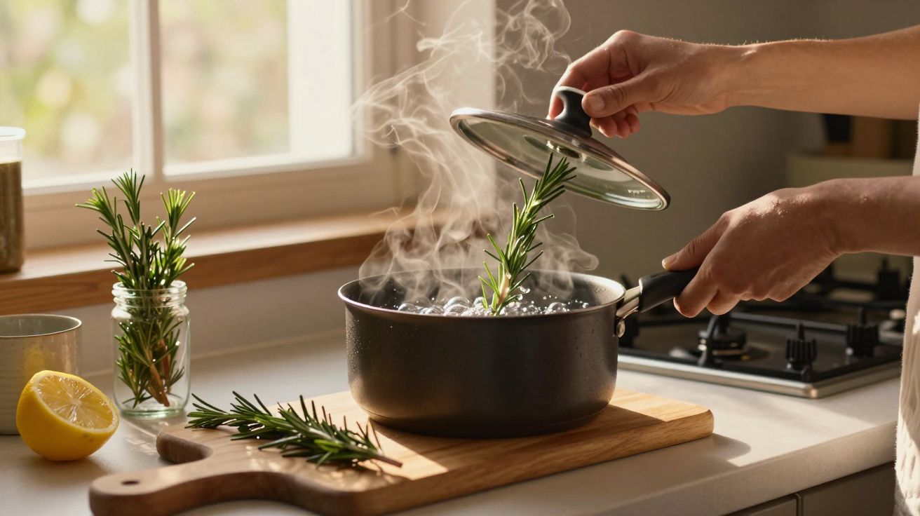 Pessoa levanta tampa de panela a ferver com alecrim, junto a janela com limão e jarro com ramos de alecrim.