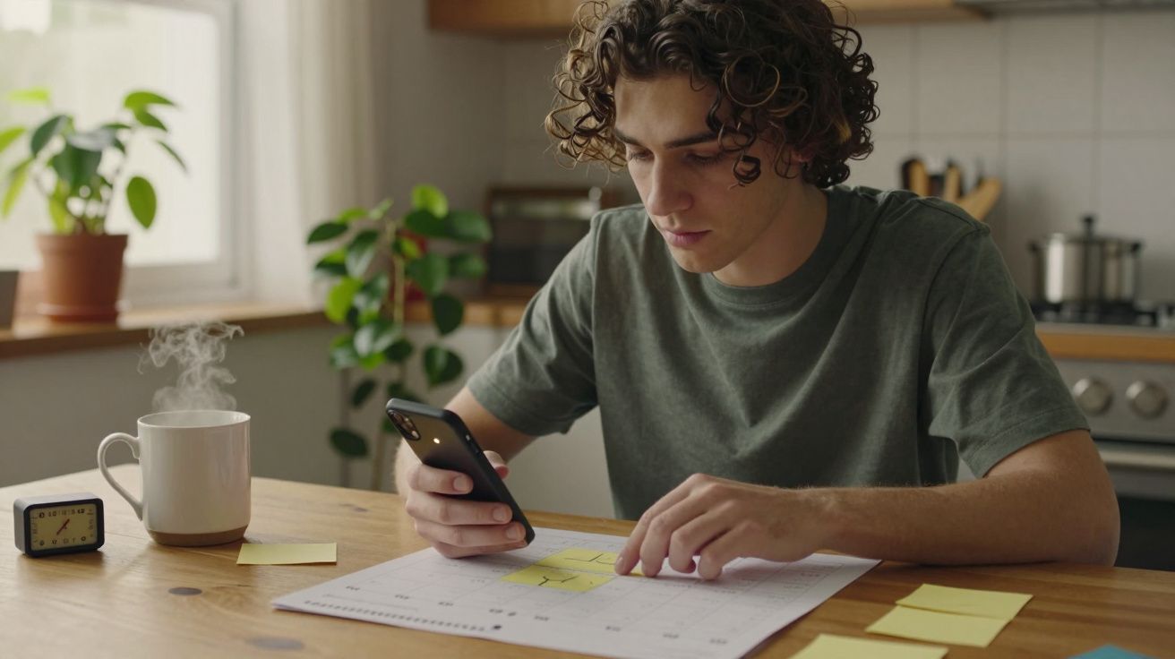 Homem consulta smartphone e calendário numa cozinha, com caneca de café ao lado.