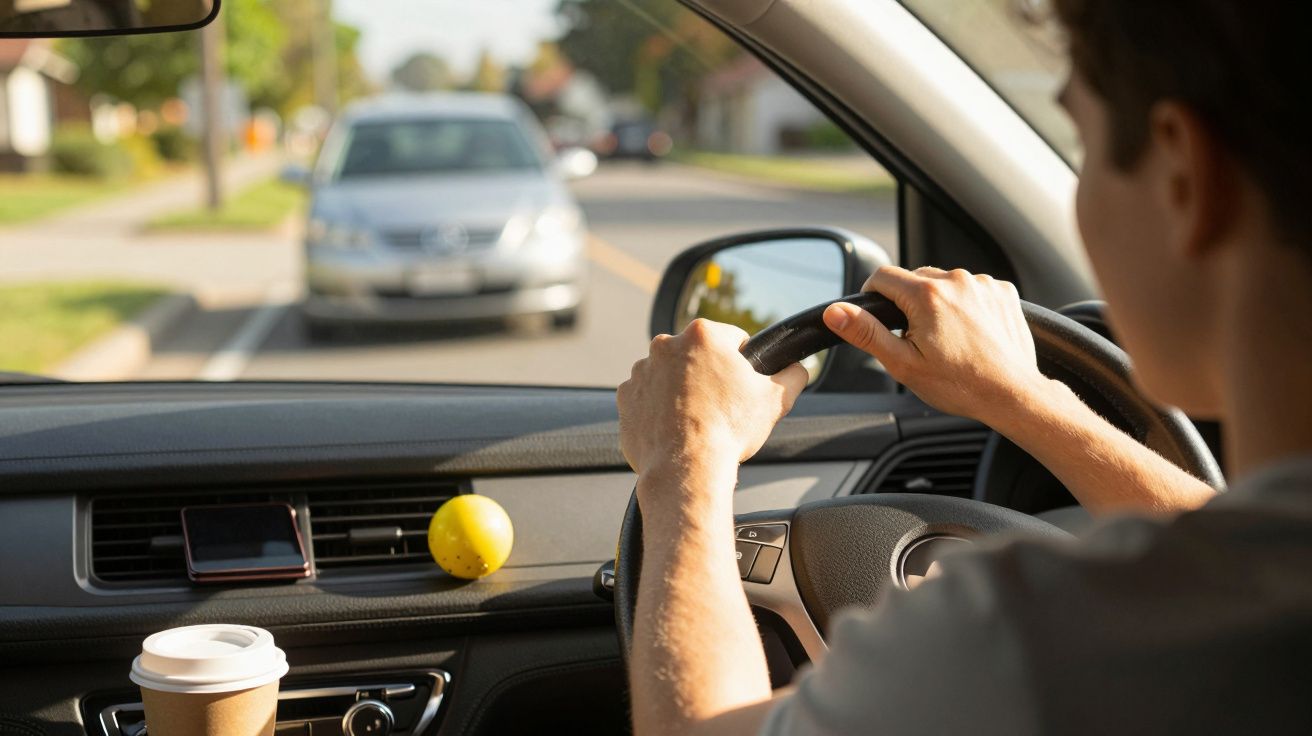 Pessoa a conduzir um carro com uma bola amarela e um café no tablier; carro à frente visível através do para-brisas.