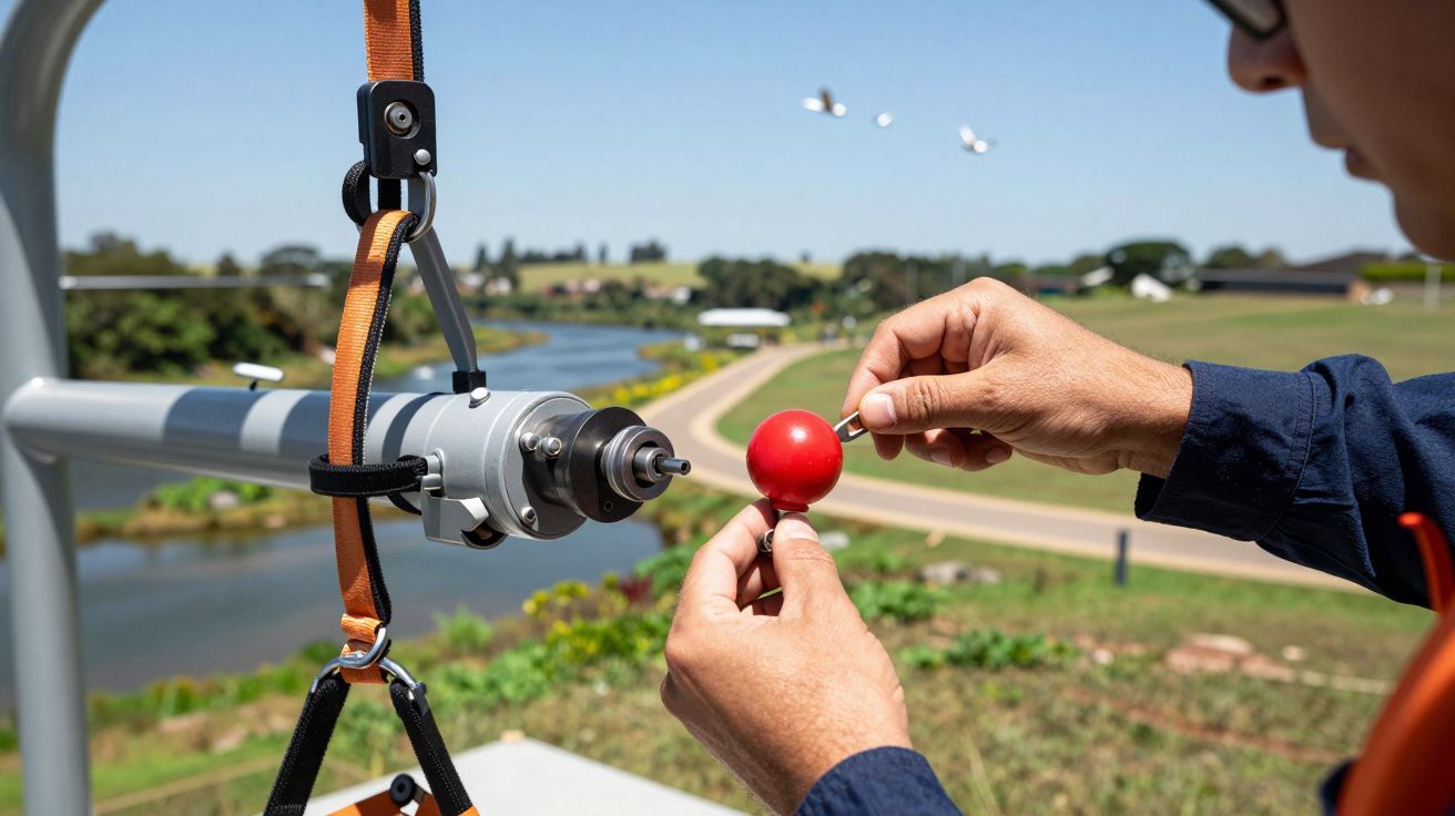 Pessoa ajusta equipamento com esfera vermelha ao ar livre, junto a um lago e estrada ao fundo.