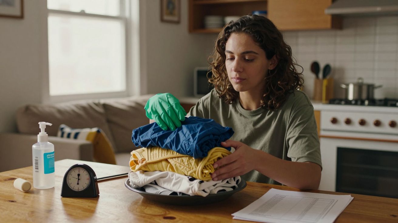 Mulher ao lado de uma pilha de roupas em cima da mesa com um despertador e desinfetante para as mãos.