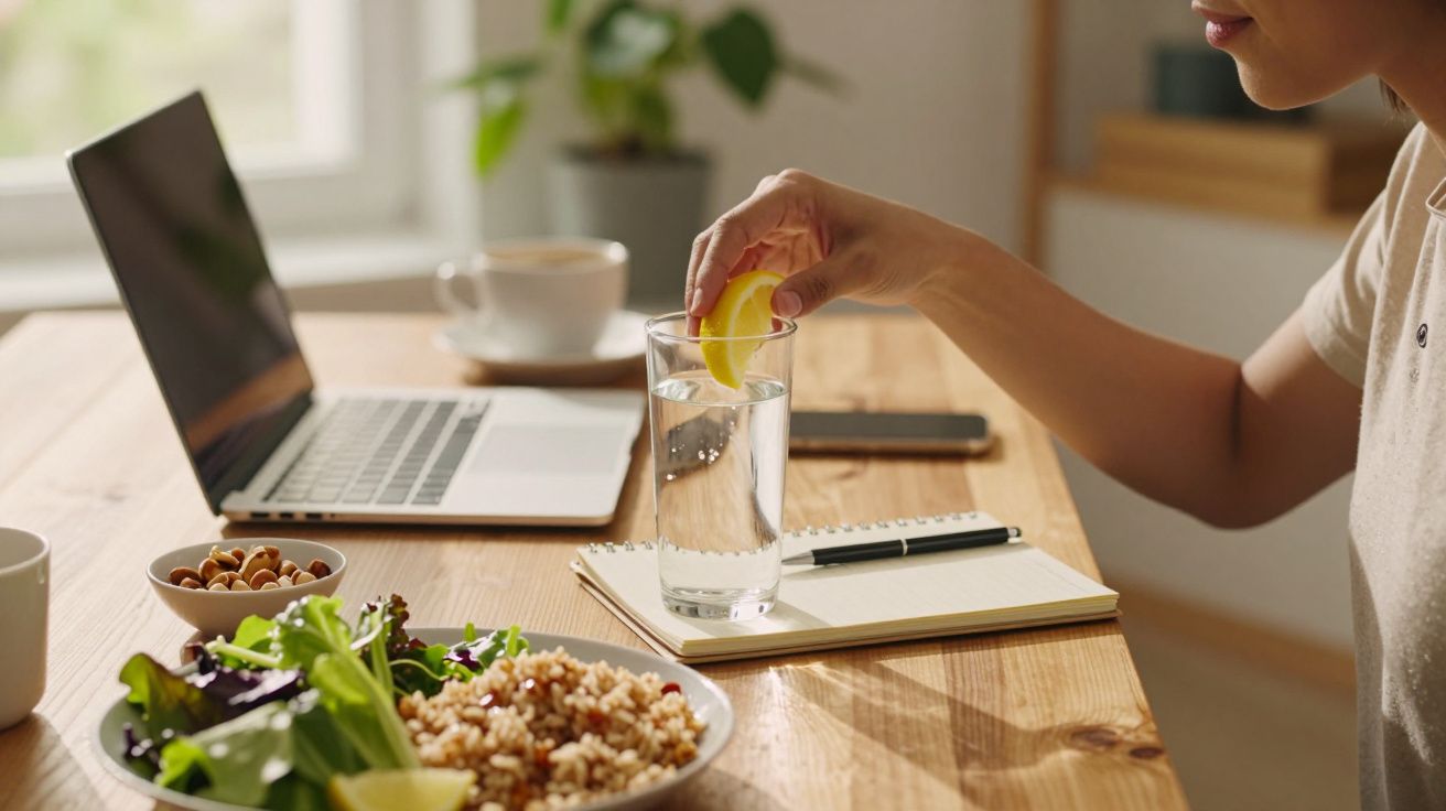 Pessoa adiciona limão a um copo de água em mesa com portátil, caderno, salada e frutos secos.