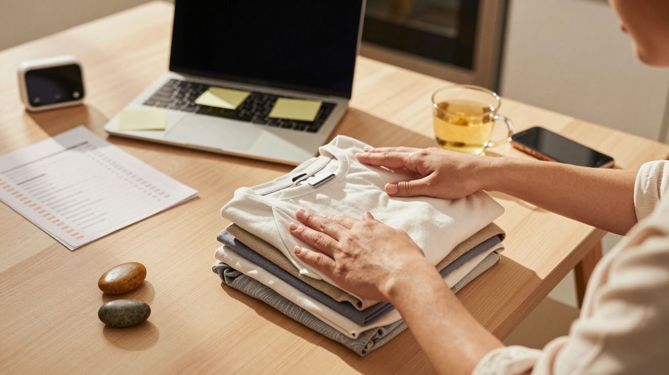 Pessoa dobrando roupa em mesa com portátil, chá e pedras decorativas ao lado.