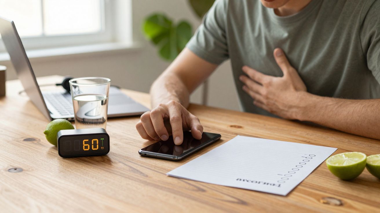 Homem toca num smartphone numa mesa com copo de água, despertador, caderno e limões.