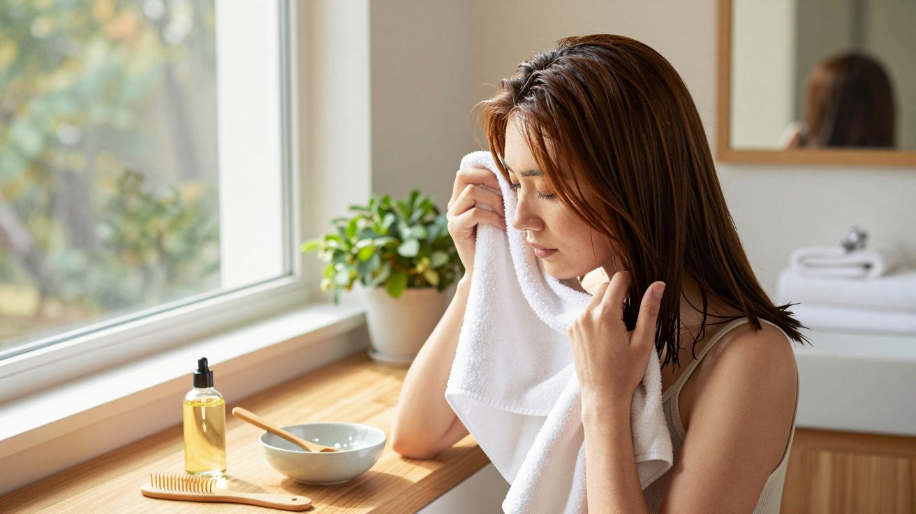 Mulher secando o rosto com toalha branca numa casa de banho iluminada, com planta, óleo e pente na bancada.