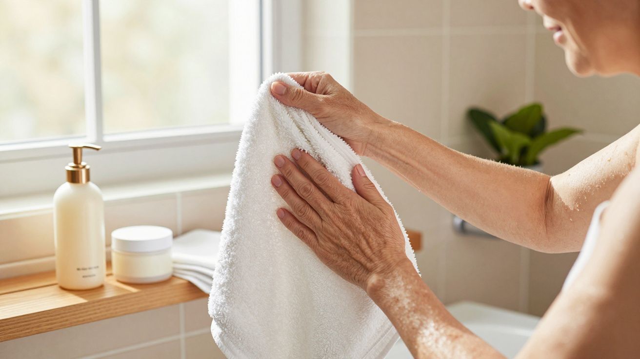 Pessoa a secar as mãos com uma toalha branca numa casa de banho iluminada pela luz natural.