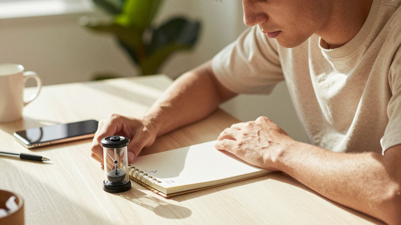 Jovem escreve num caderno com uma ampulheta na mesa, ao lado de um telemóvel e uma chávena, numa sala iluminada.