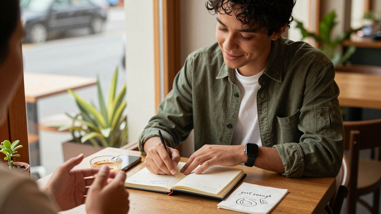 Pessoa a sorrir enquanto escreve num caderno numa mesa de café, com plantas ao fundo e chávenas na mesa.