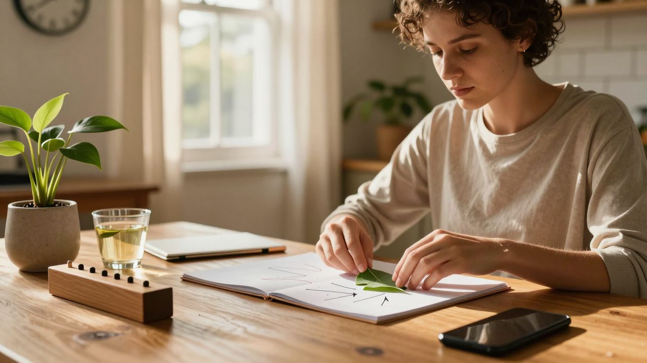 Pessoa sentada à mesa, estudando com livros e folha, ao lado de um copo com bebida e planta em ambiente iluminado.