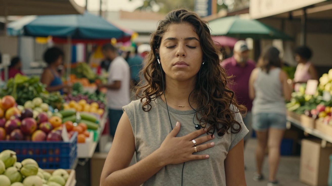 Mulher de olhos fechados com auscultadores num mercado de frutas ao ar livre, mão no peito.