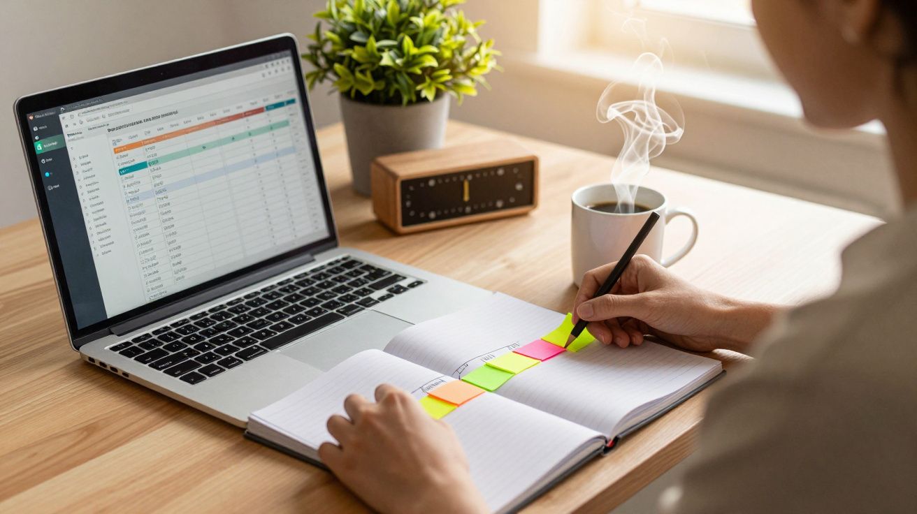 Pessoa escrevendo num caderno colorido, laptop e chá ao lado, sobre mesa com planta e relógio.