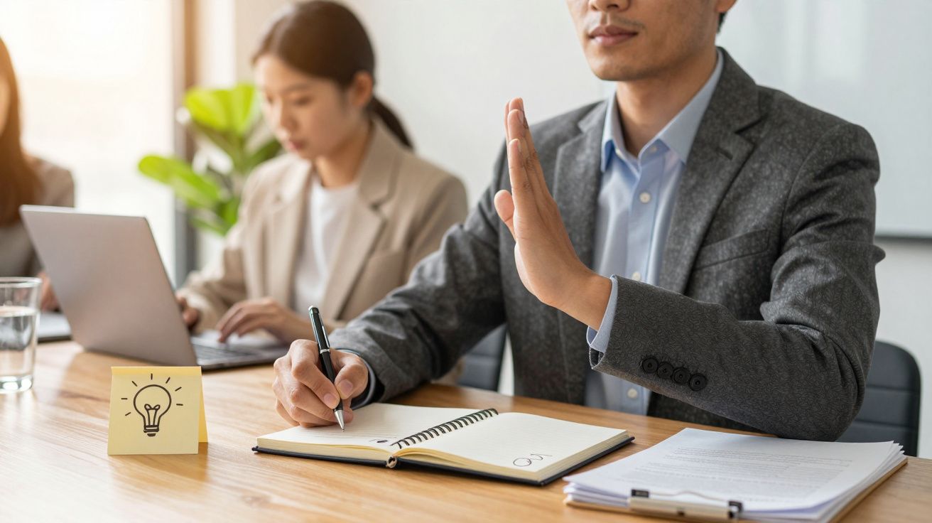 Homem de fato cinza levanta a mão enquanto escreve num bloco de notas. Mulher ao fundo trabalha num portátil.