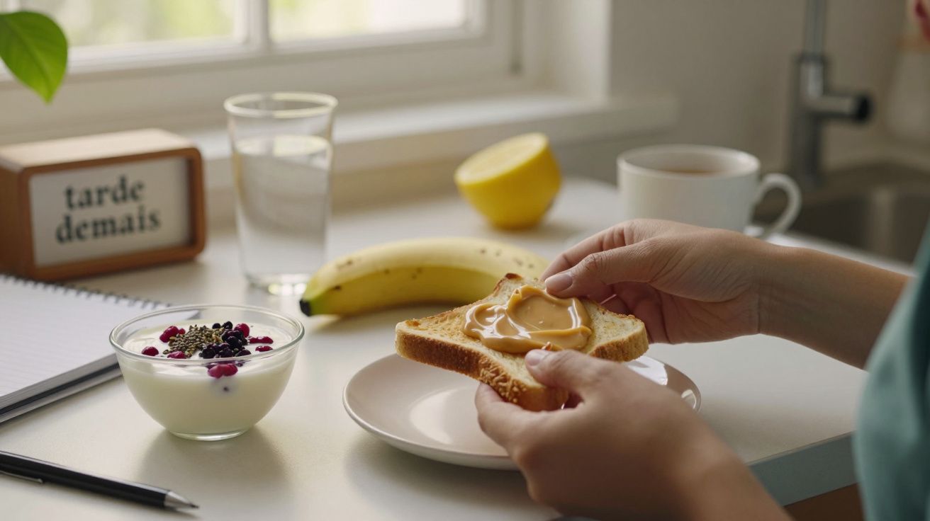 Pessoa a preparar torrada com manteiga de amendoim. Mesa com banana, iogurte, água e sinal a dizer "tarde demais".
