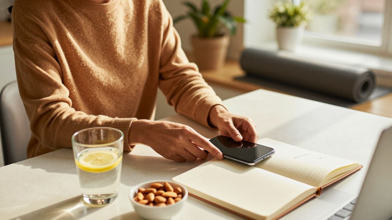 Pessoa com camisola bege usa telemóvel sobre mesa com caderno, copo de água com limão e tigela de amêndoas.